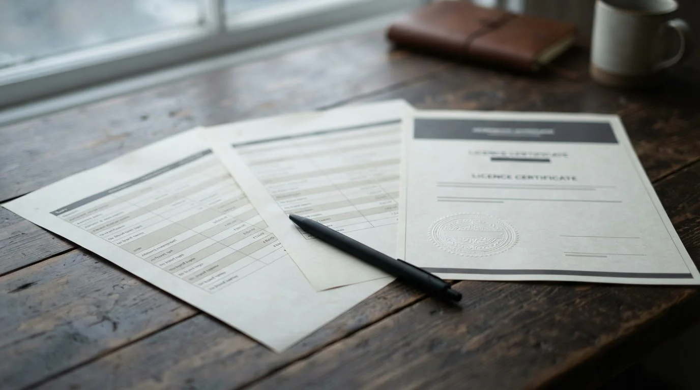 Desk with printed operator comparison sheets and a neutral gaming licence document bearing an official stamp