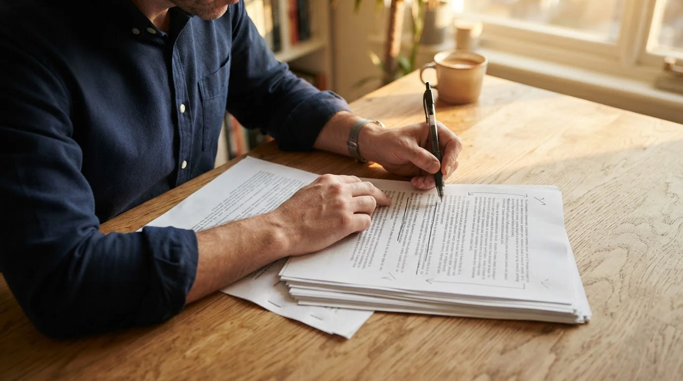 Person at a desk annotating a printed bonus terms document with a pen, turnover figures underlined