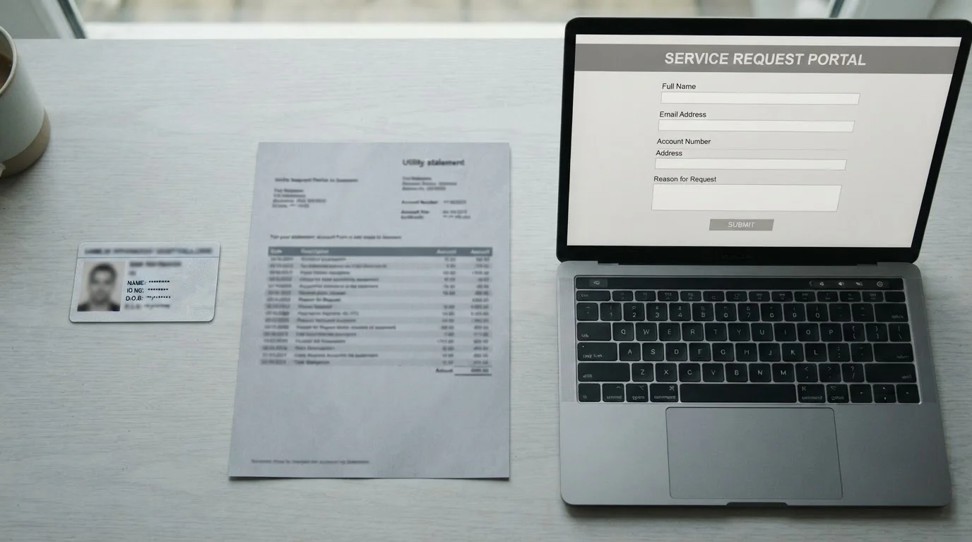Identity document and a utility statement laid flat on a desk beside a laptop showing a withdrawal request form