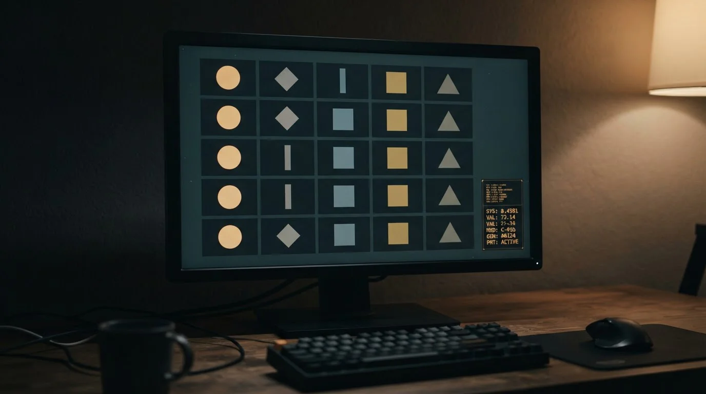 Close view of a generic pokie reel grid on a monitor with the information panel open showing return figures