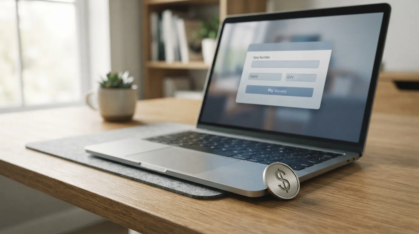 Single dollar coin symbol beside a laptop showing a minimum deposit casino cashier page
