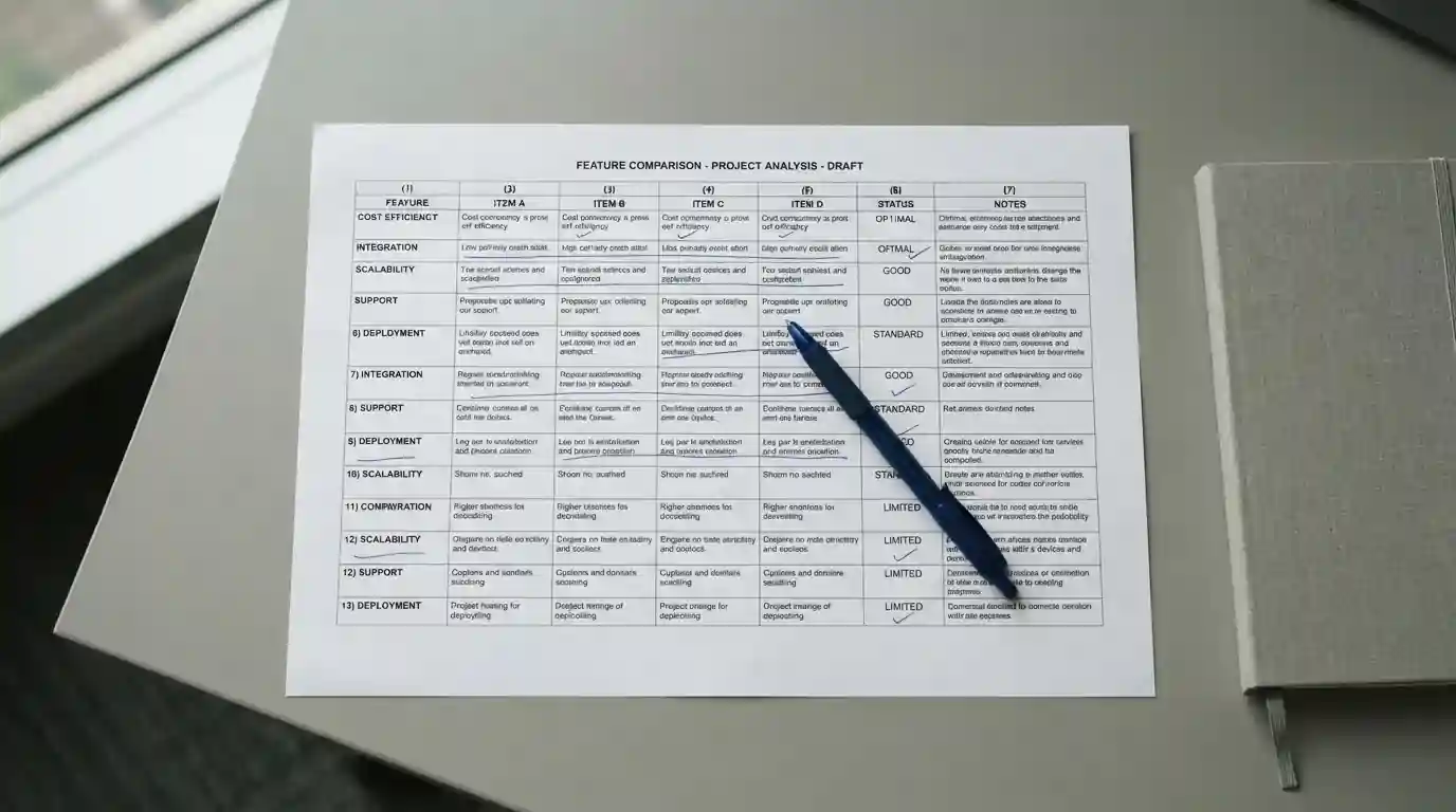 Printed comparison sheet with columns of figures marked up in pen