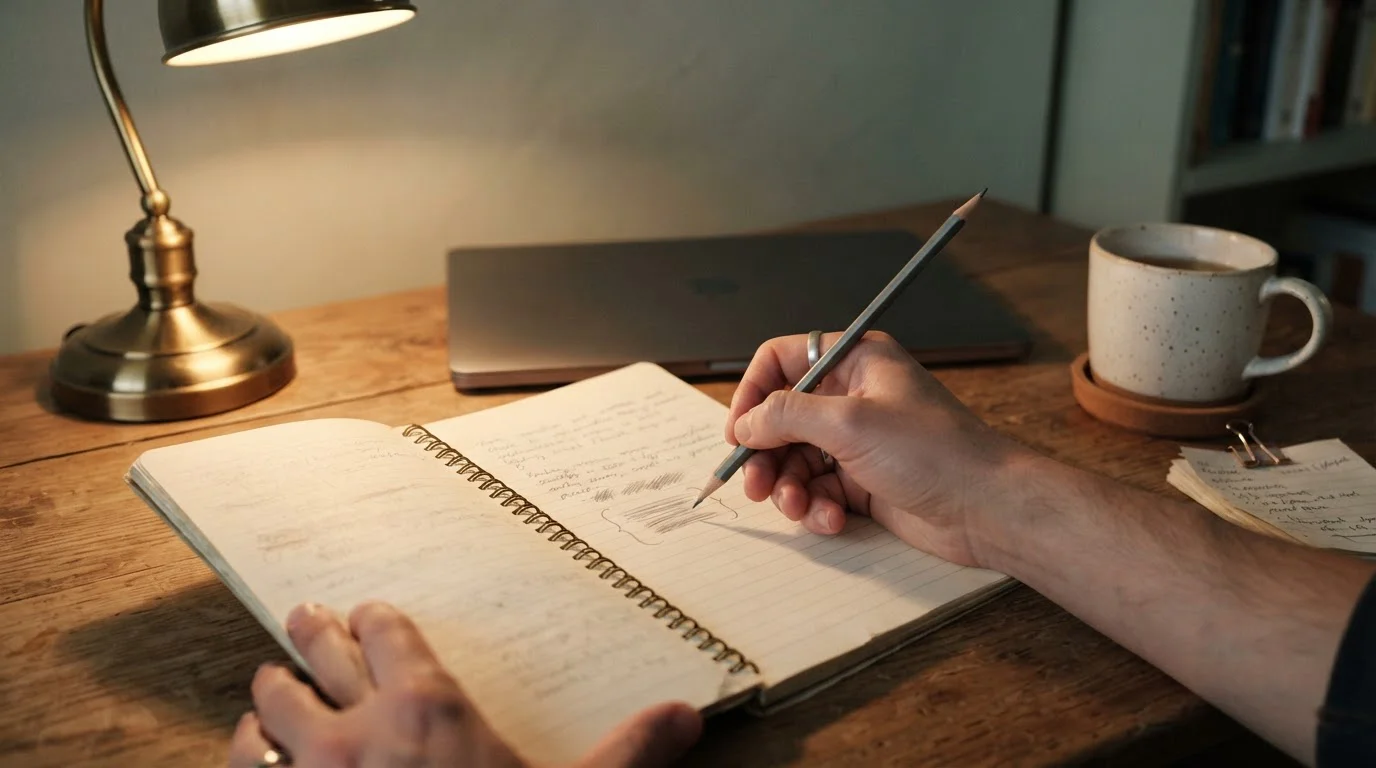 Hand writing spin and stake calculations in a notepad beside a laptop