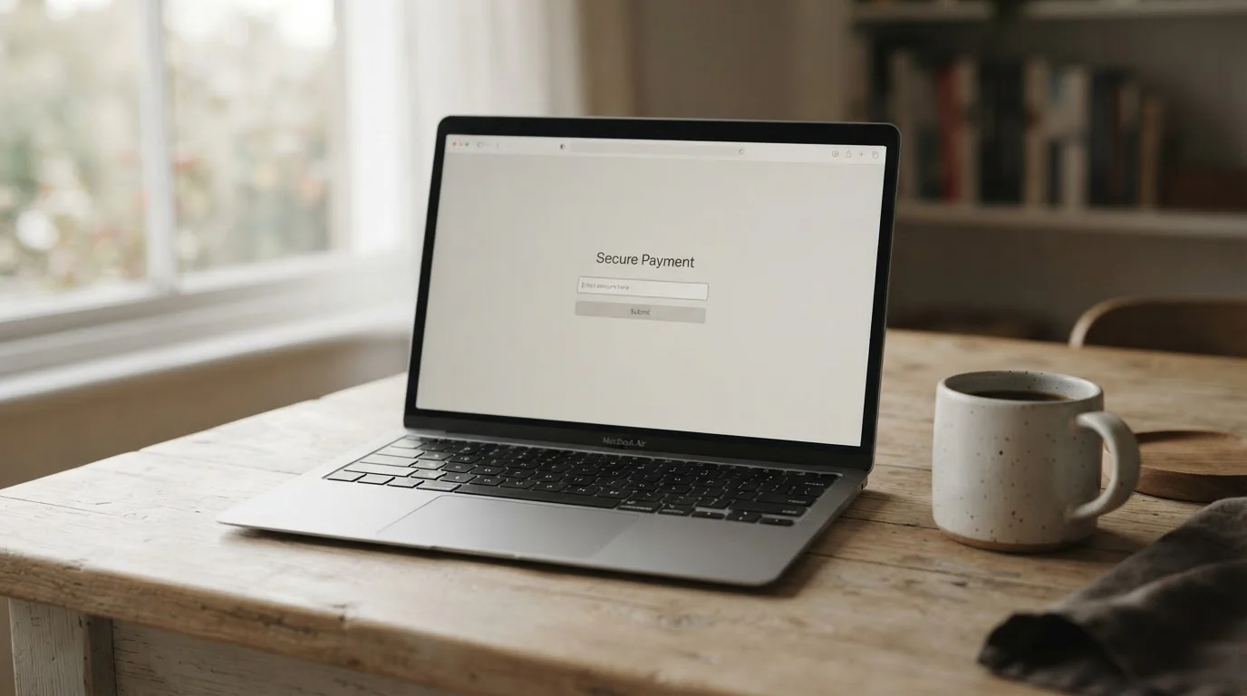 Laptop on a kitchen table showing a casino cashier page with a small deposit field