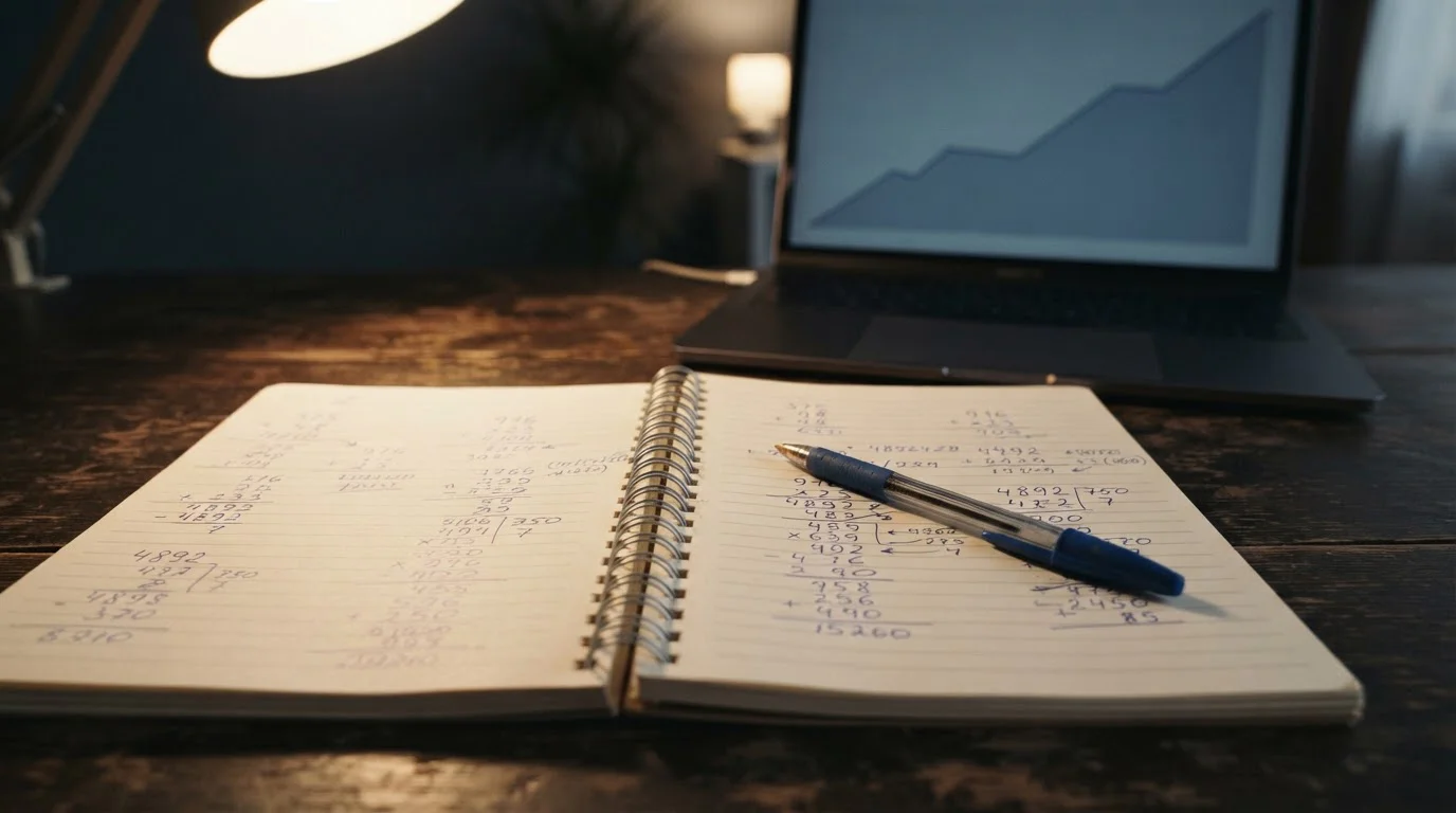 Notepad with handwritten turnover figures beside a laptop showing a plain line chart