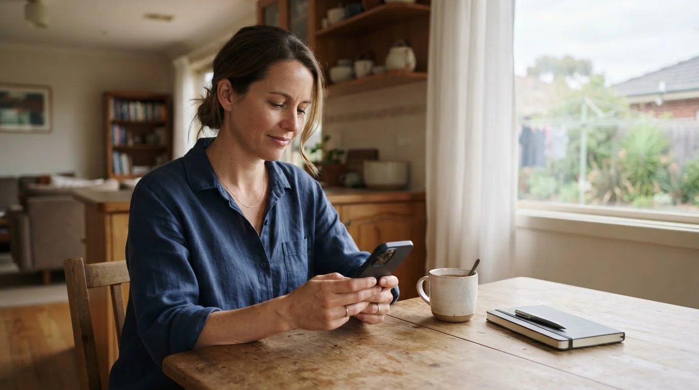 Australian player checking a $10 no deposit bonus offer on a phone at a kitchen table