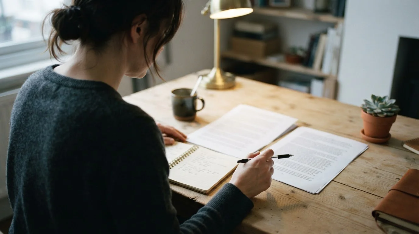 Person at a desk comparing two open documents with handwritten notes in a notepad
