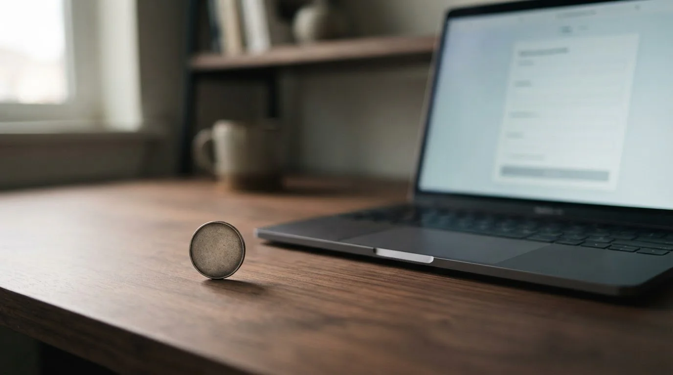 Two dollar coin sized token beside a laptop showing an online casino cashier screen