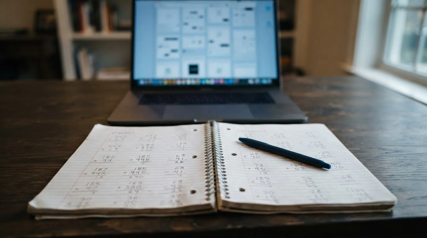 Notepad with handwritten spin and turnover figures beside a laptop showing generic reels