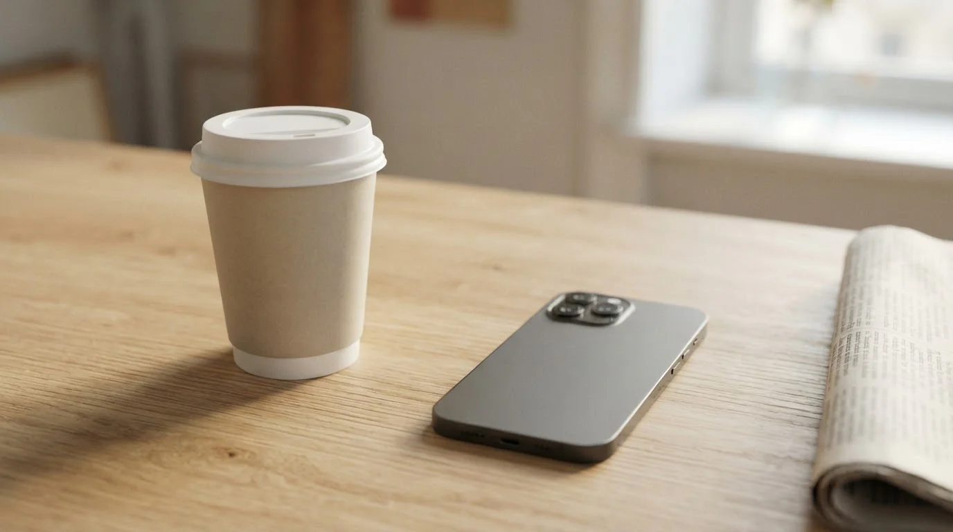 Plain wooden desk with a takeaway coffee cup and a smartphone lying face down
