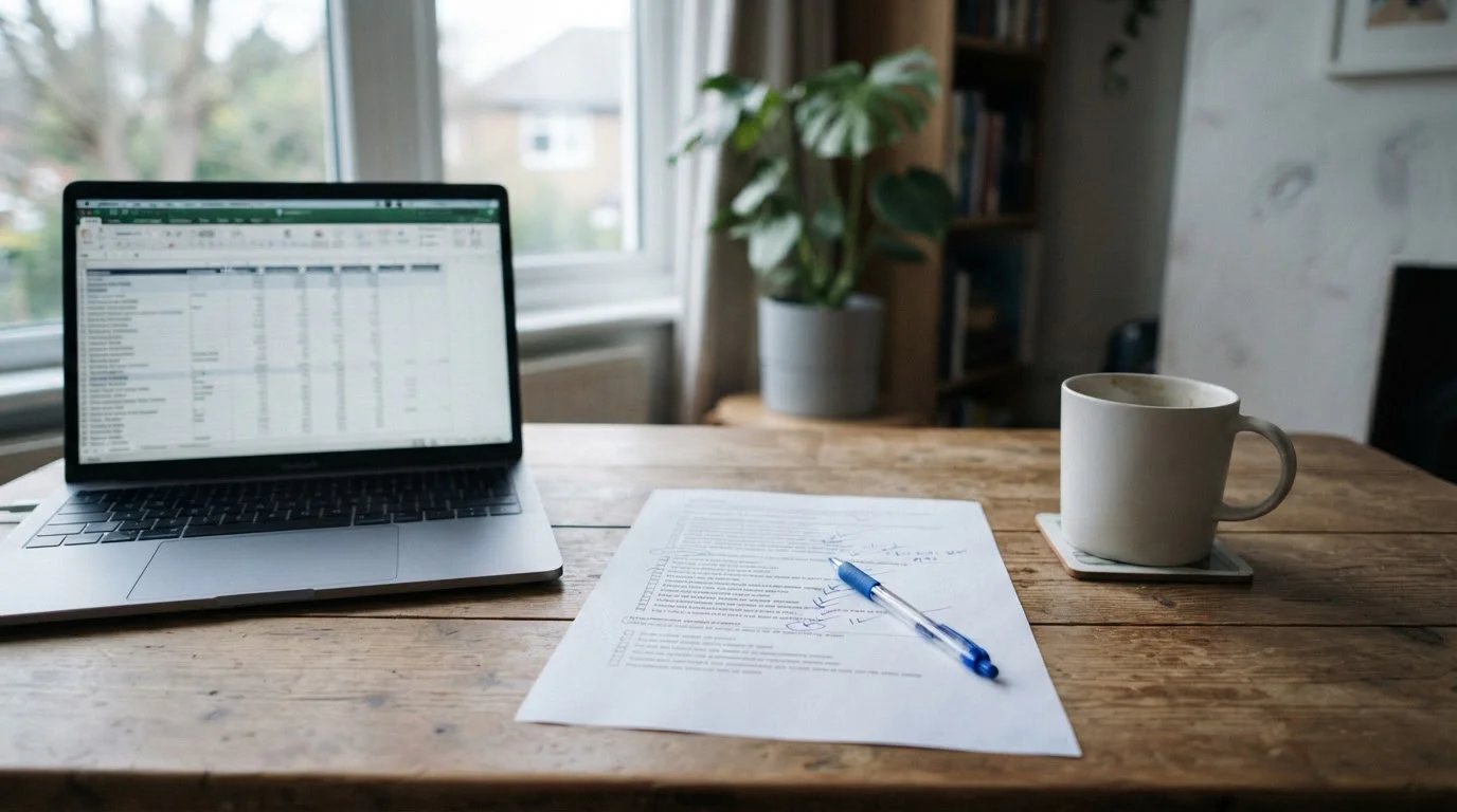 Desk with a laptop showing a plain comparison table and a printed shortlist marked in pen