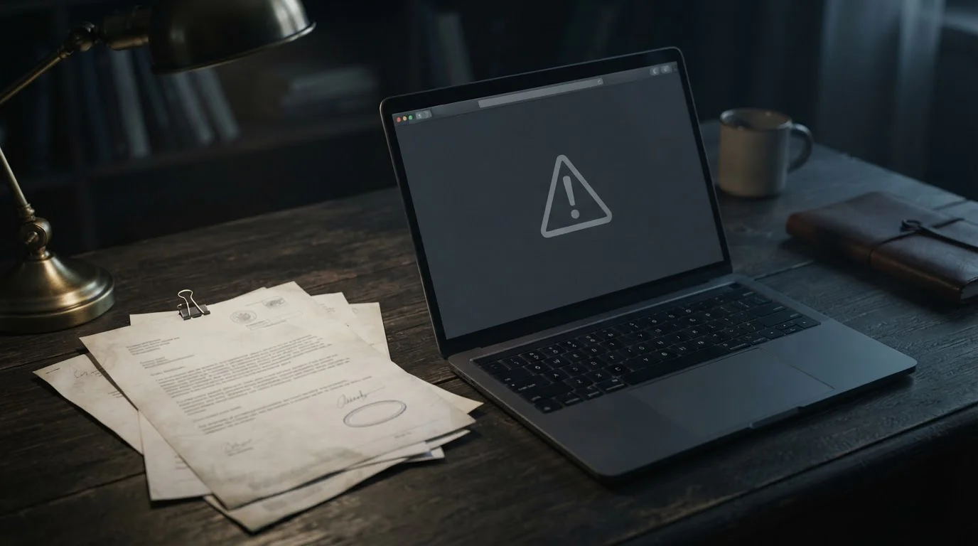 Laptop displaying a blocked website notice beside printed regulatory correspondence