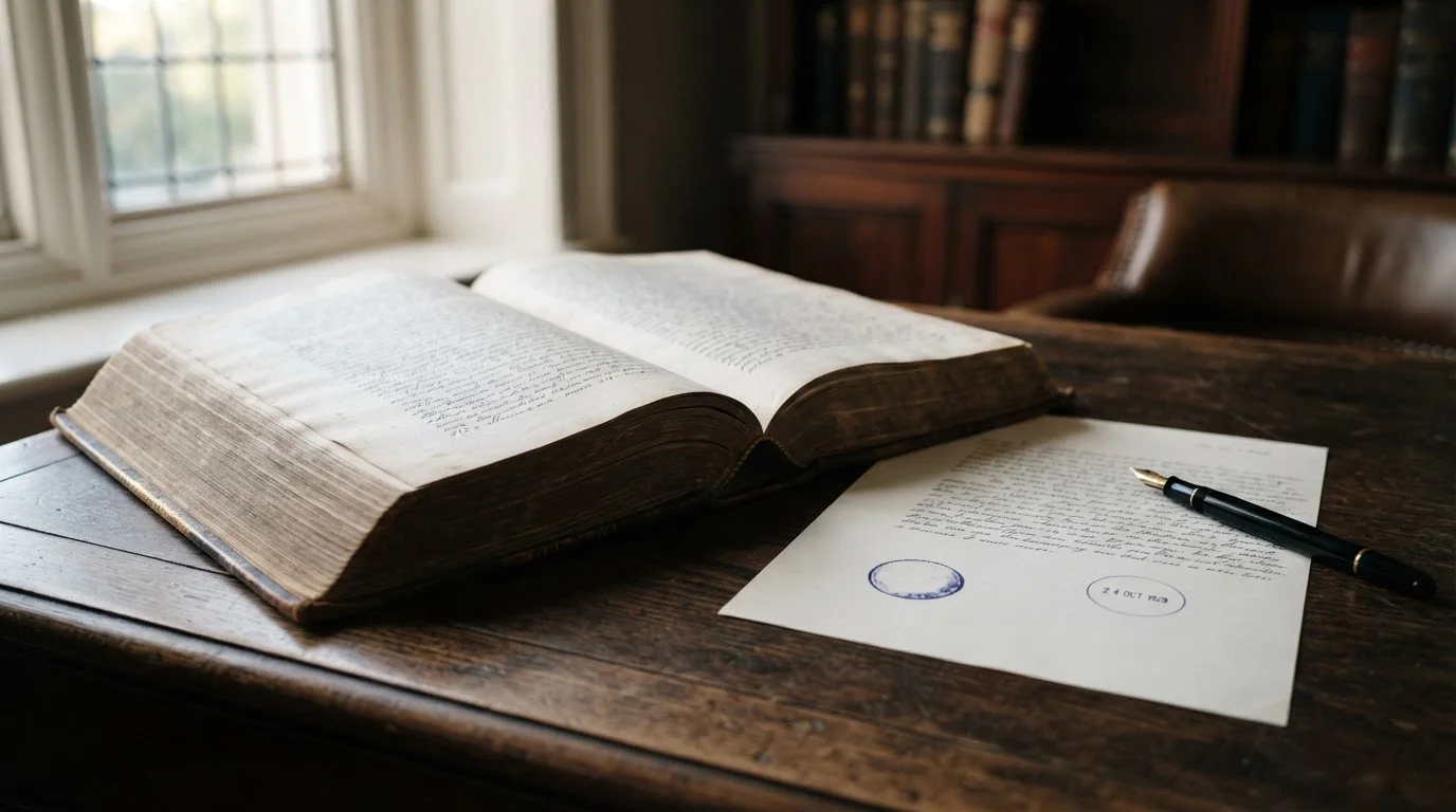 Bound statute volume open on a desk beside a plain stamped document