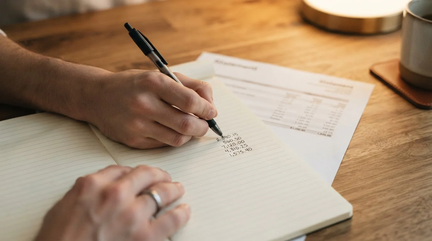 Hand writing figures in a notepad next to a printed statement on a wooden desk