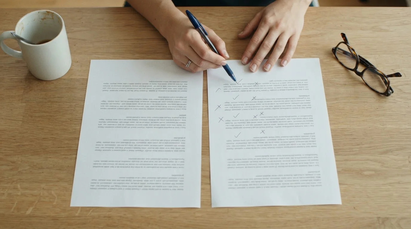 Person at a desk comparing two printed lists side by side with a pen in hand