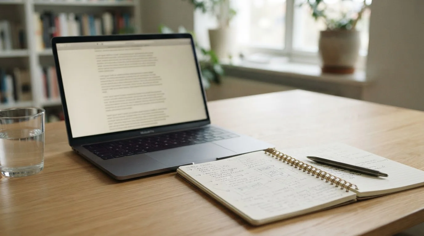 Open laptop showing a plain payments information page beside handwritten notes