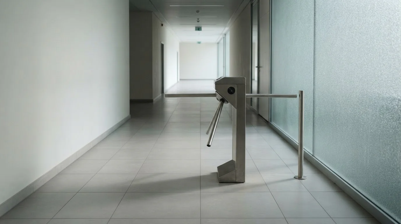 One-way turnstile in an empty corridor lit by soft daylight