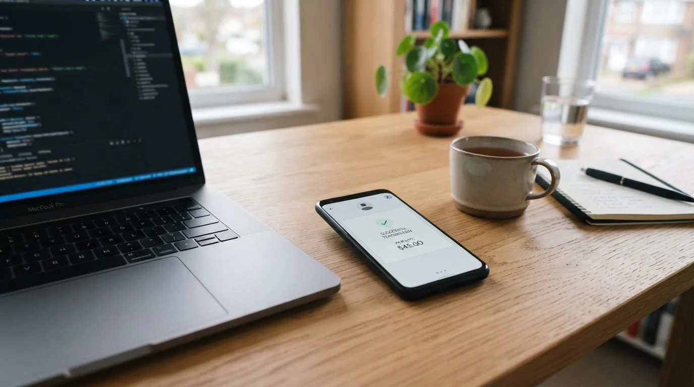 Crypto coins and PayID transfer on a smartphone next to a laptop