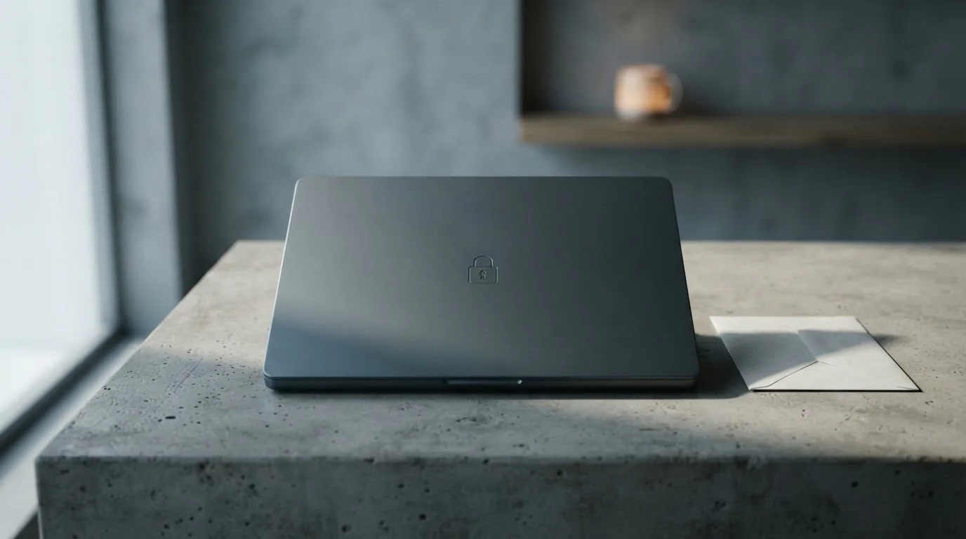 A closed laptop with an embossed padlock motif beside a blank envelope on a concrete table