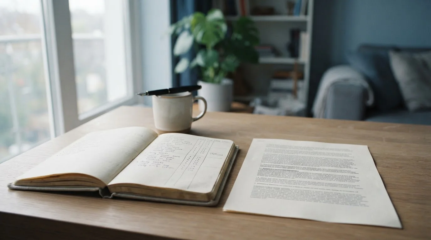 A desk scene with a notebook listing card daily limits beside a printed cashier terms page, no cards or banknotes visible