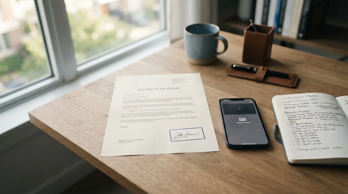 A tidy desk with an official document bearing a plain stamp, an iPhone running the wallet app face-up, and a notebook open to handwritten licence notes