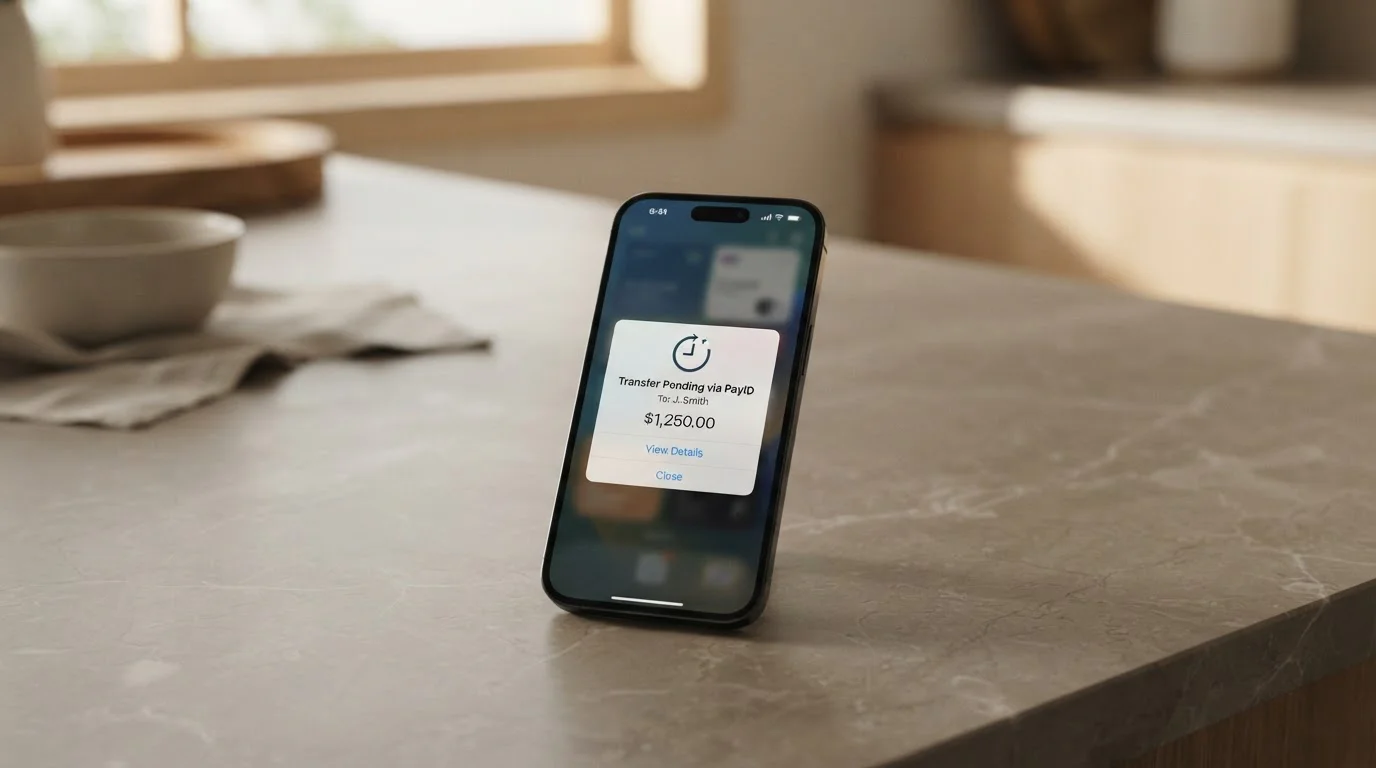 A banking app open on an iPhone shows a pending PayID transfer arriving, the device resting on a neutral kitchen bench