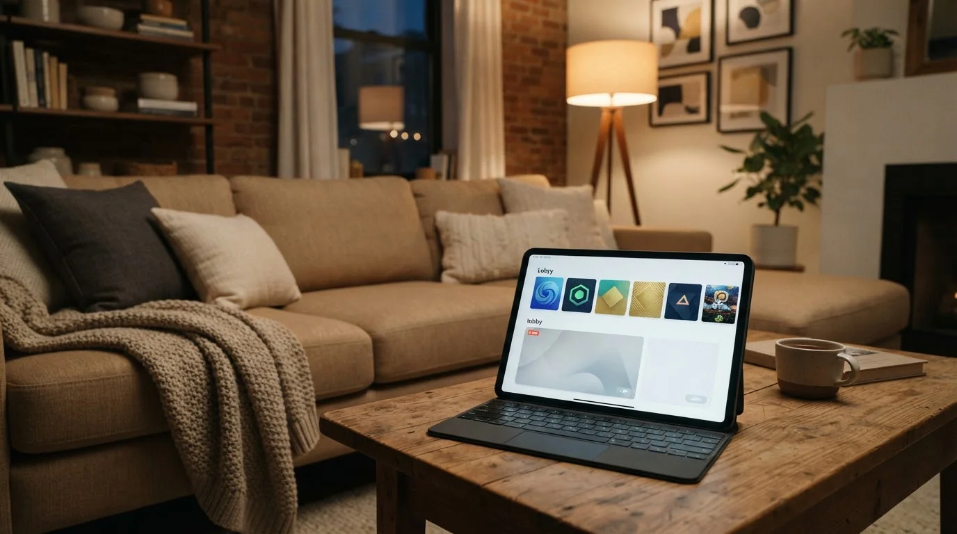 A living room with an iPad open to a row of themed pokies tiles and a plain live lobby page, evening glow, no branded game art