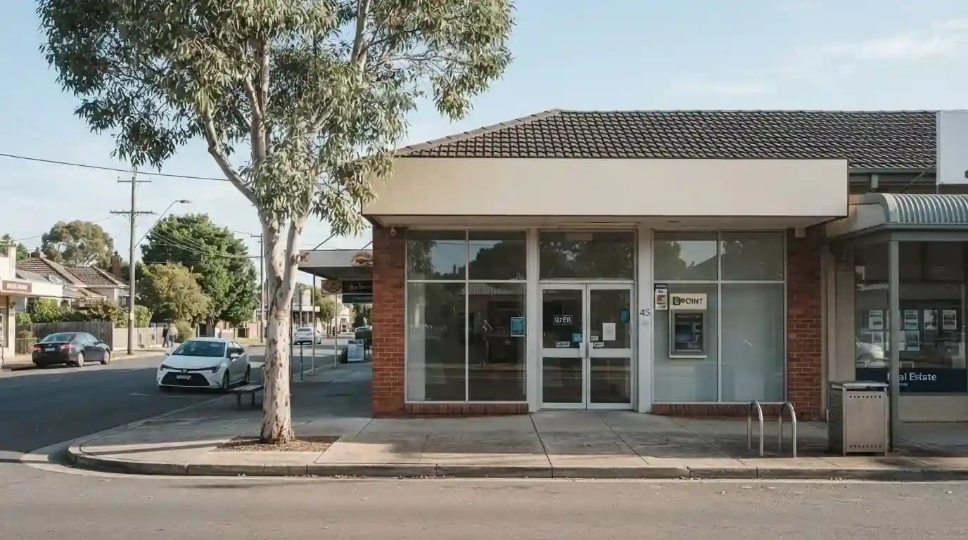 Australian suburban bank branch exterior on a bright weekday morning