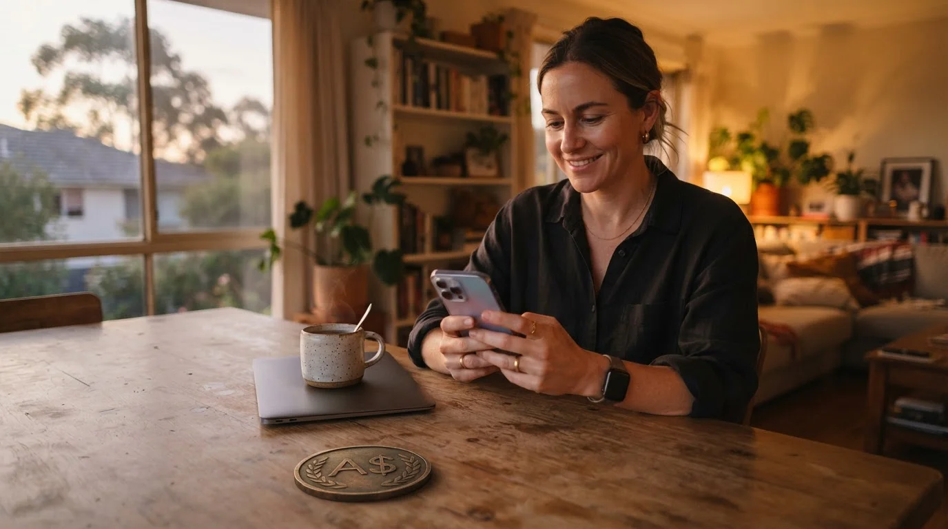 A person at a kitchen table with a smartphone and a plain dollar-motif token in warm evening light