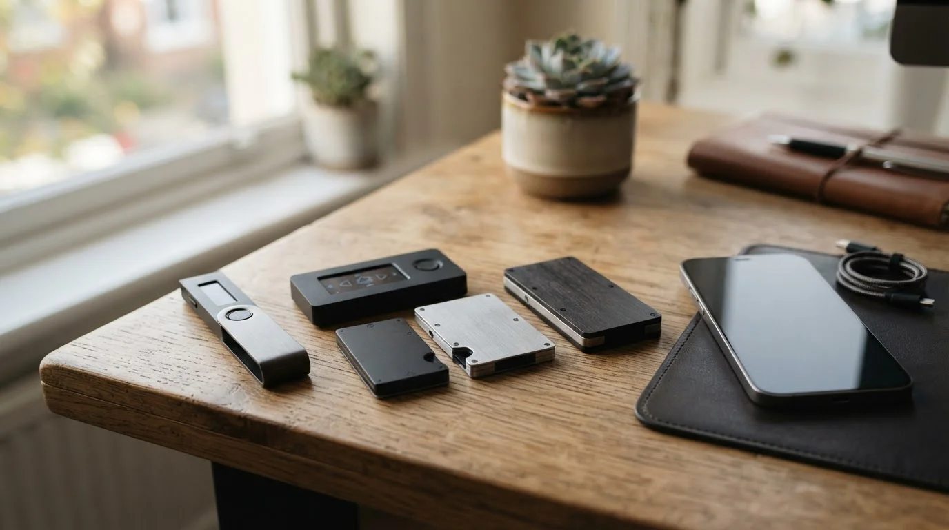 A collection of cryptocurrency hardware wallets and a smartphone arranged on a clean desk