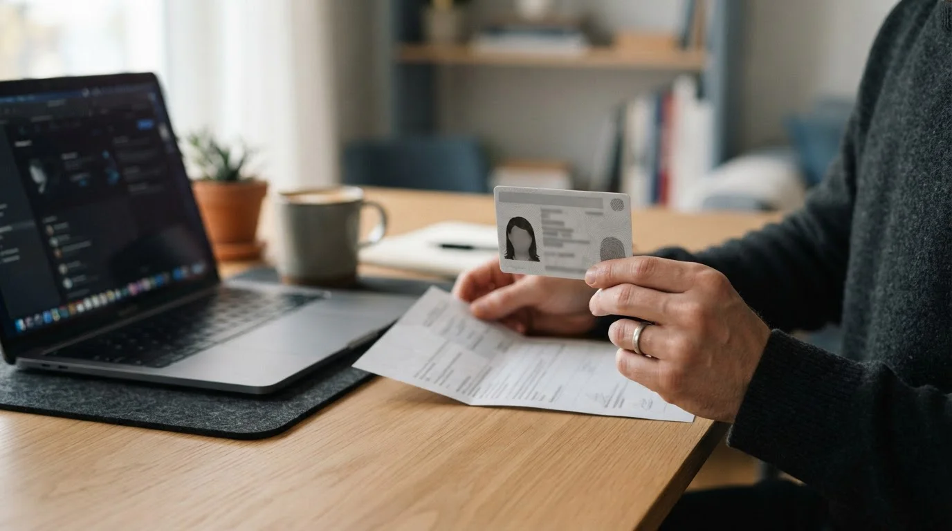 Close-up of a person reviewing identity documents beside a laptop, neutral lighting