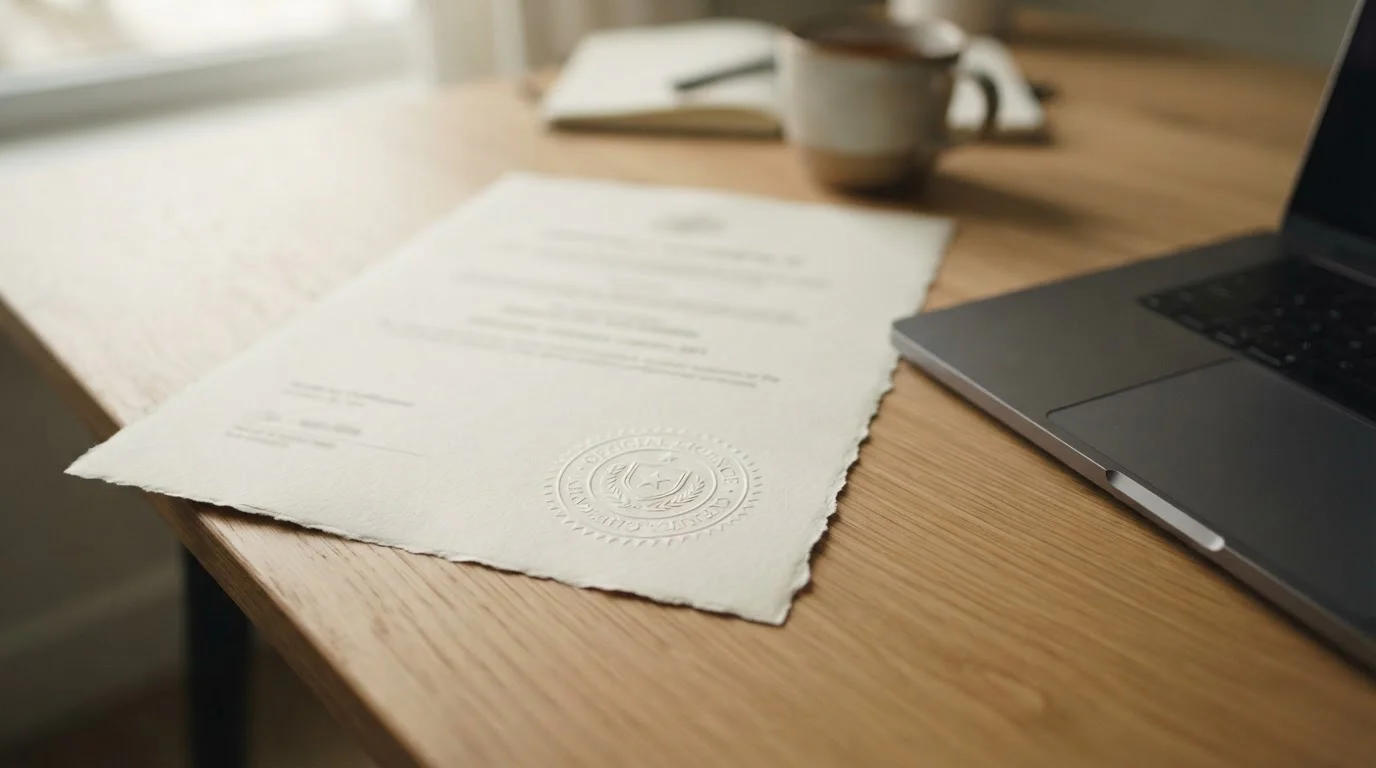 Close-up of a neutral licence document with an embossed stamp resting next to a closed laptop
