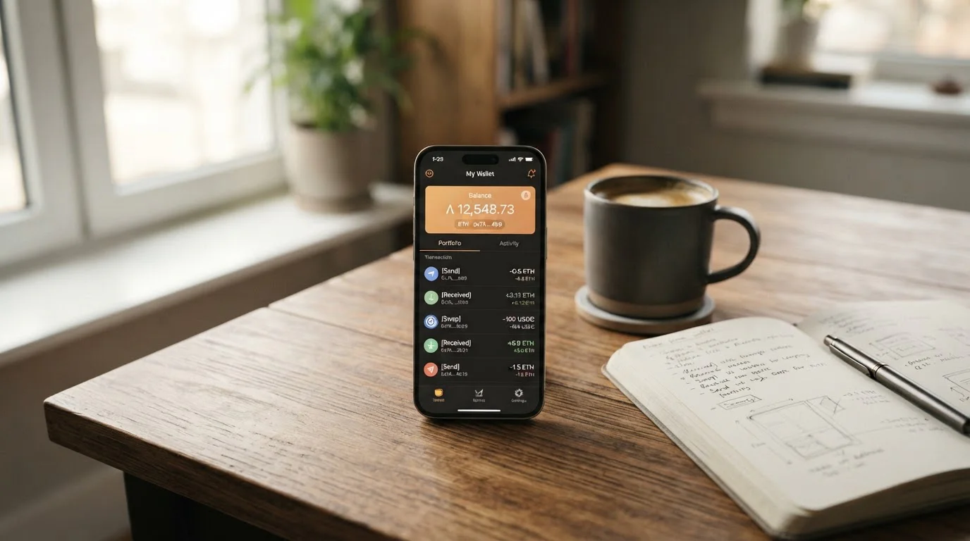 Smartphone displaying a crypto wallet interface beside a coffee cup and notebook on a wooden table