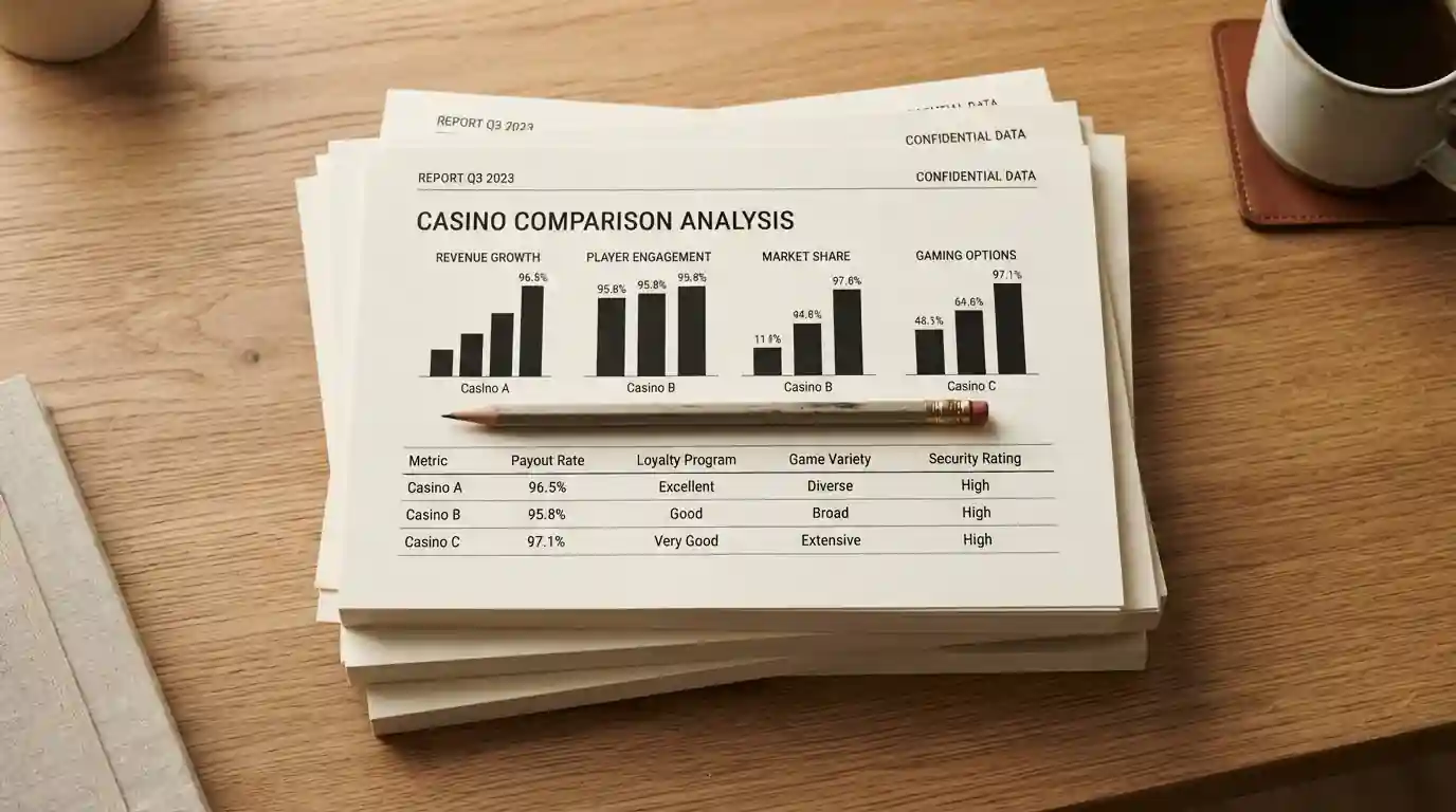 Neat stack of printed casino reports with a pencil resting across the top, calm overhead view