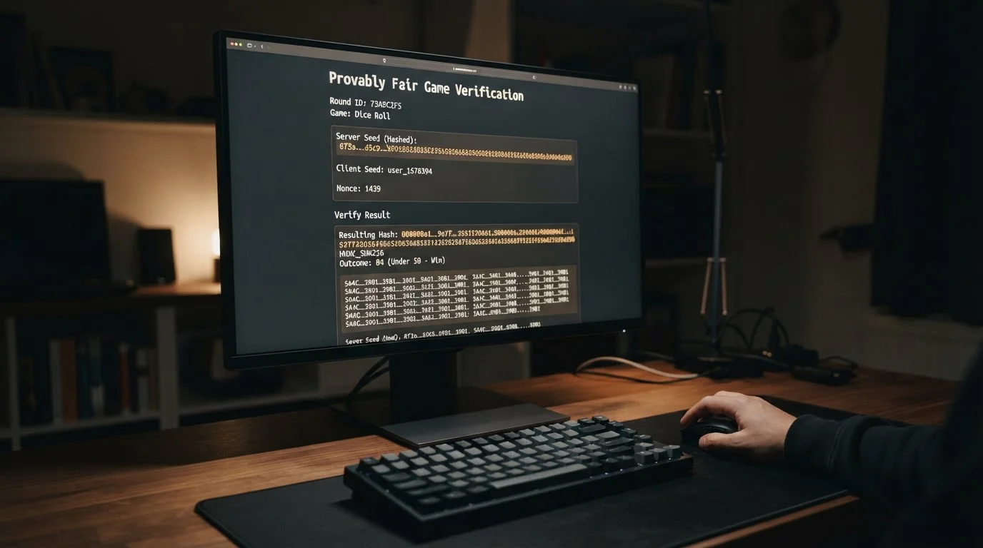 Desktop screen showing a provably fair verification interface with hash strings displayed
