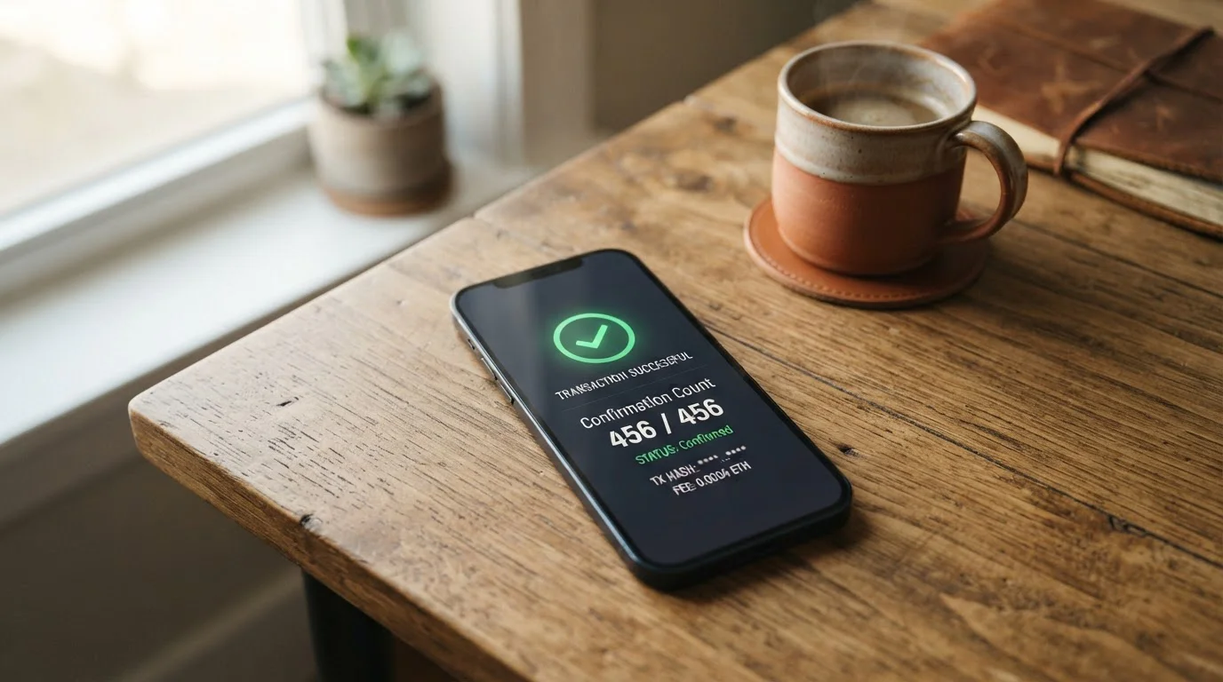 Smartphone showing a blockchain transaction confirmation screen beside a coffee cup on a desk