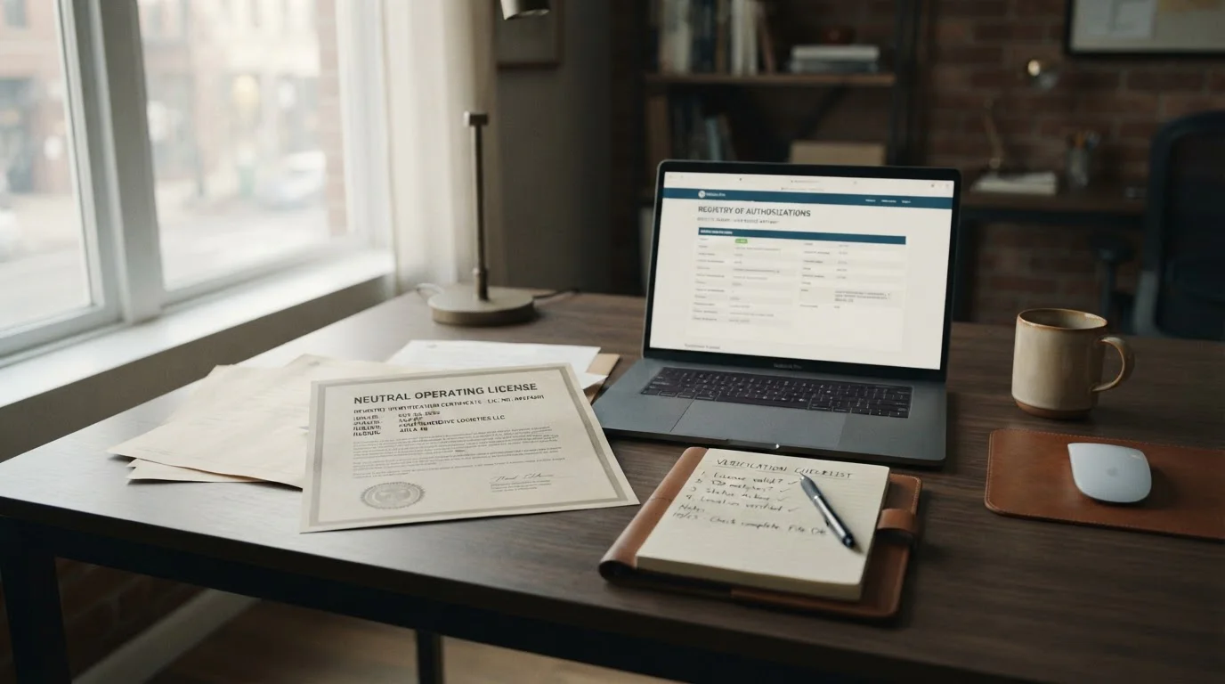 Neutral licence document and verification checklist beside a laptop