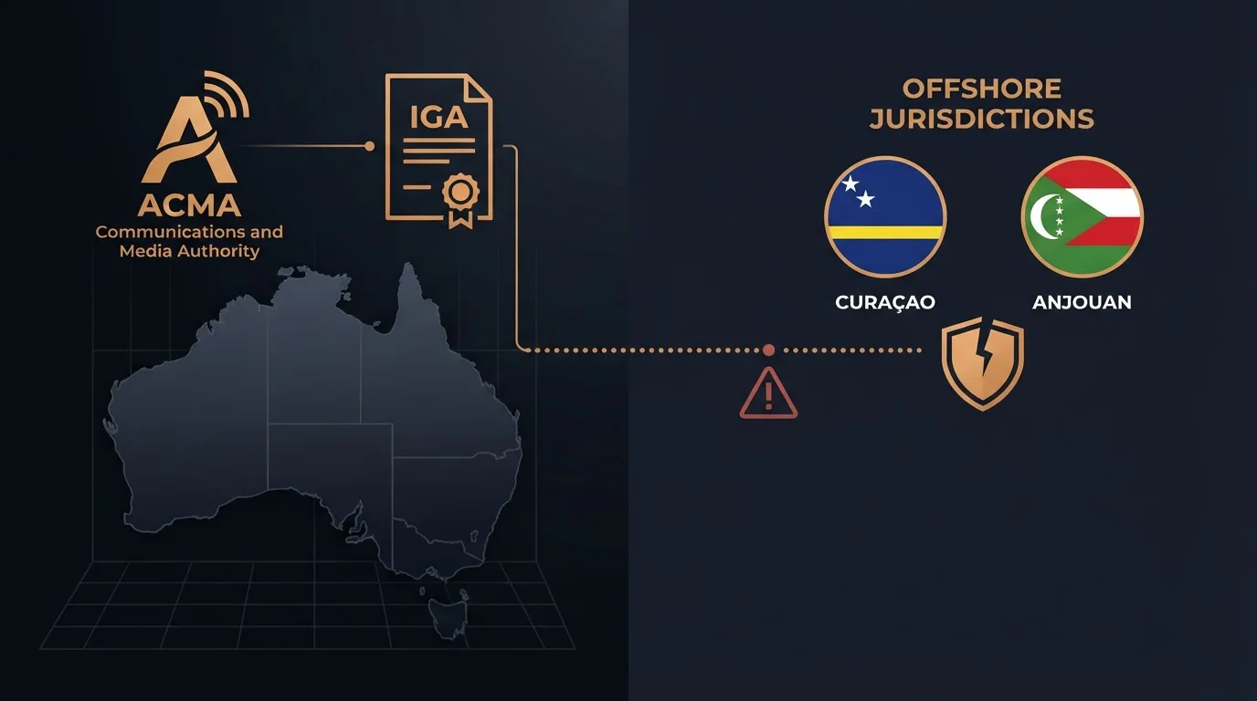 Map showing Australian jurisdiction alongside offshore licensing centres with enforcement boundaries
