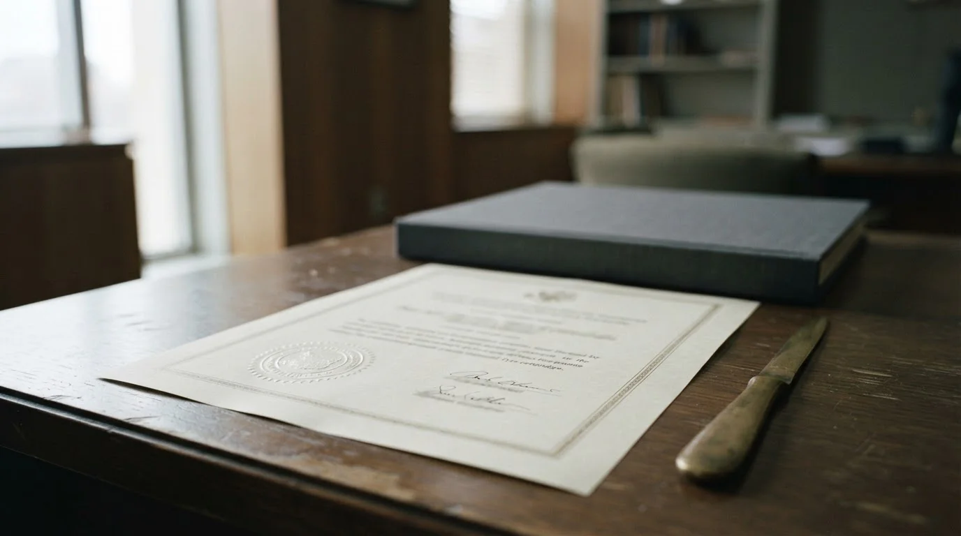 Neutral licence document with an official stamp on a quiet office desk