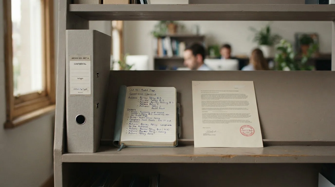 An office shelf holding a plain folder labelled IGA 2001, a printed ACMA notice and a notebook with handwritten compliance notes