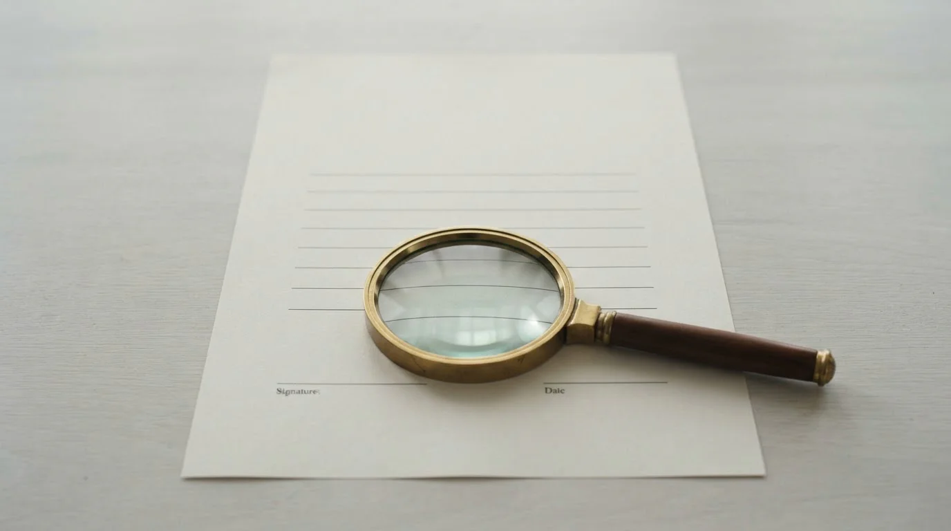 Plain licence document on a desk with no crest, beside a magnifying glass