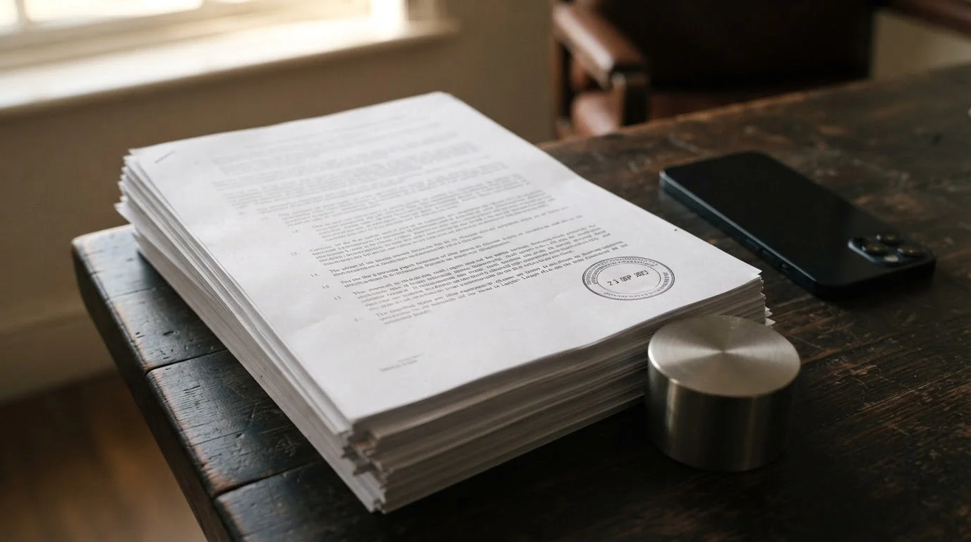 Printed legislation pages beside a phone on a plain desk