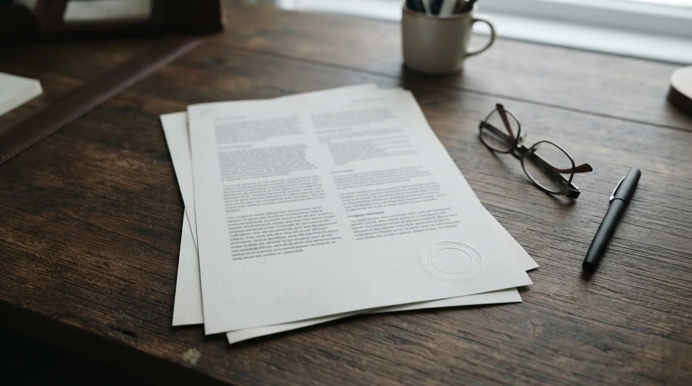 Printed regulatory document with an official stamp on a tidy desk