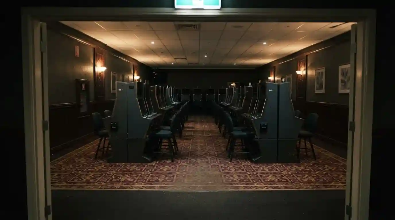 Interior of an Australian club gaming room with machines seen from a distance