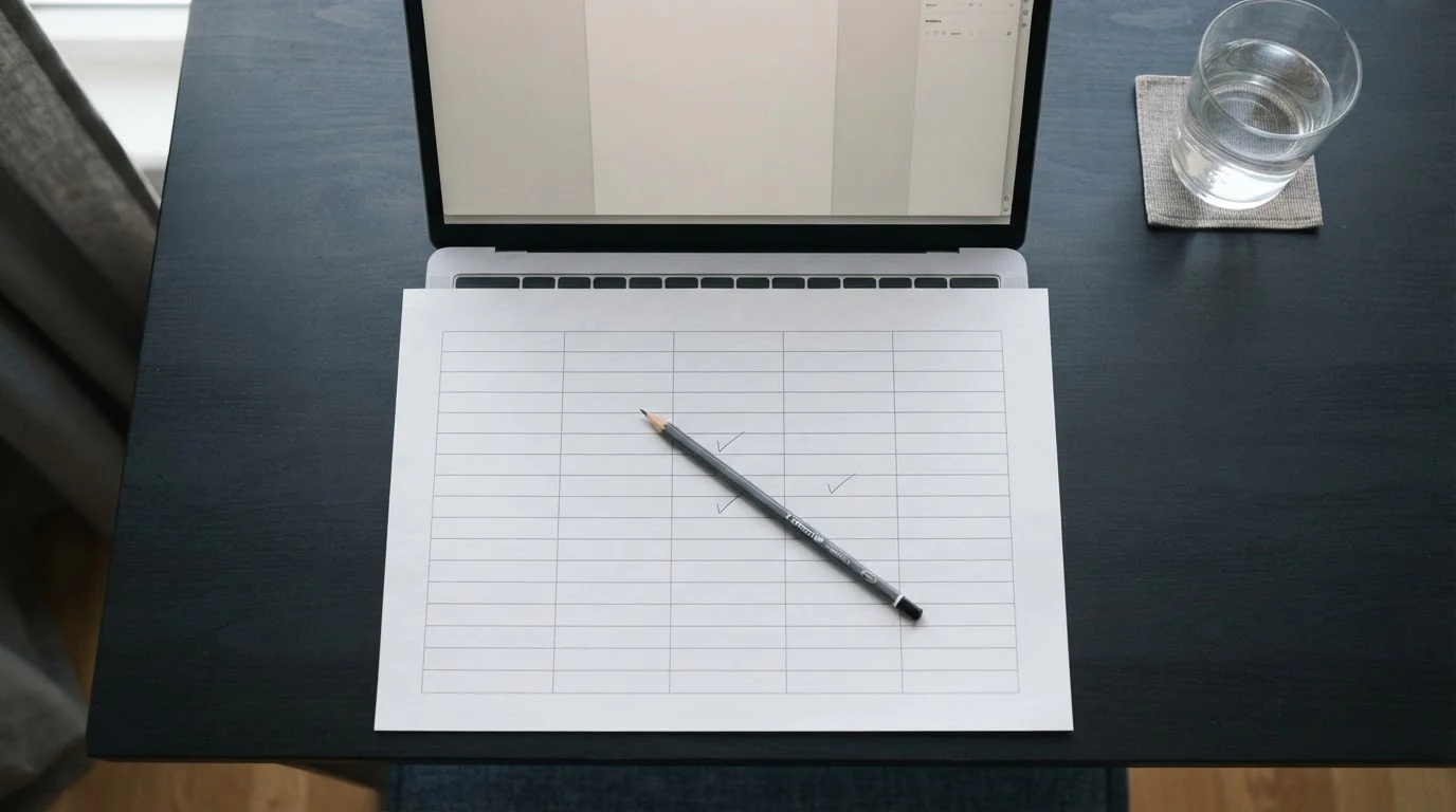 Desk with a printed operator comparison sheet and a laptop showing a neutral cashier page