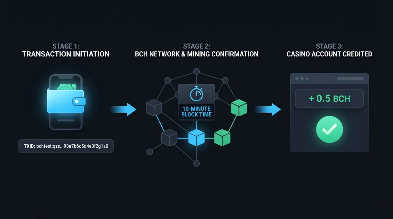 Visual flow of a Bitcoin Cash transaction from wallet to casino account through blockchain confirmation