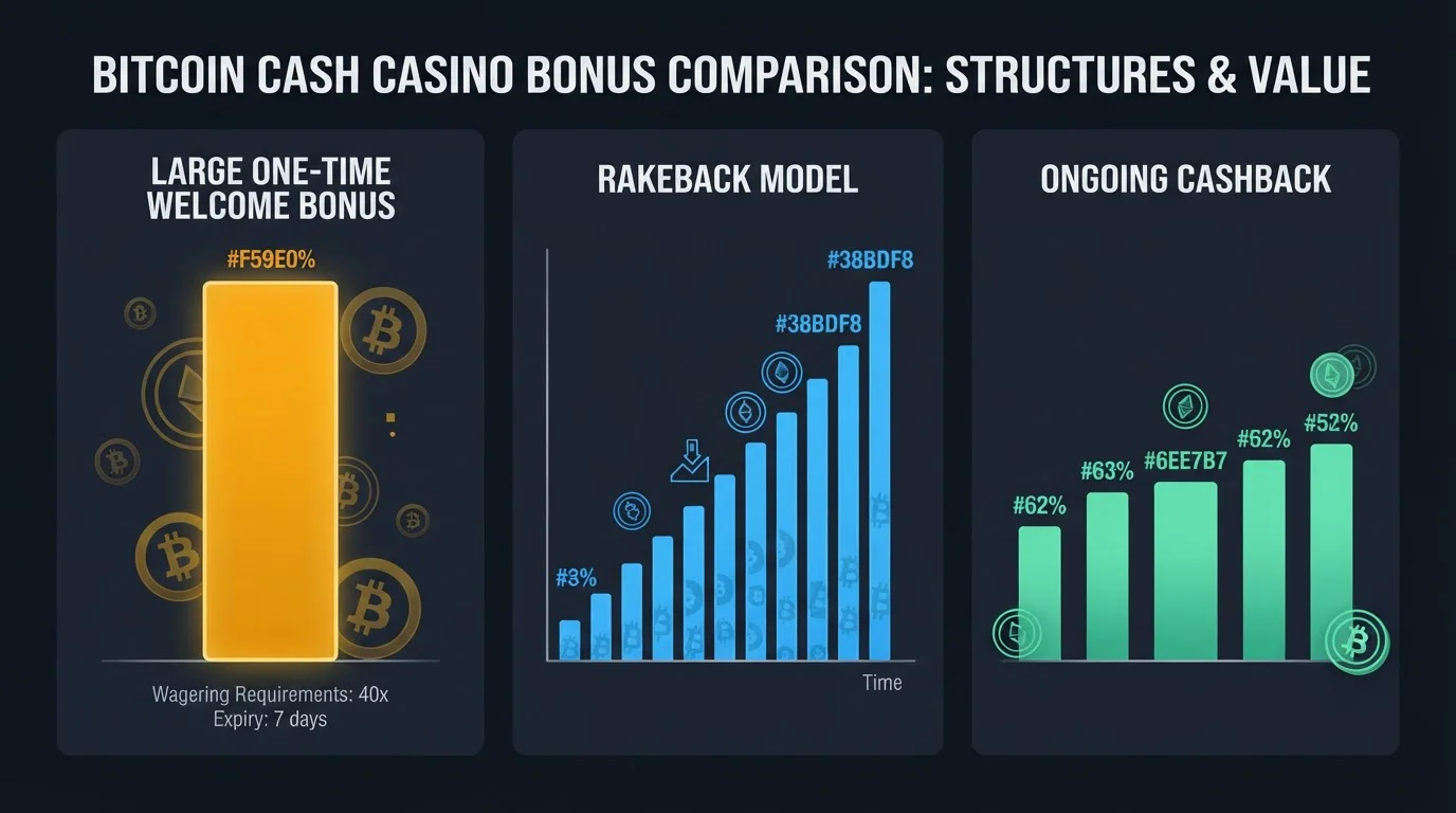 Chart comparing one-time welcome bonus, ongoing rakeback and weekly cashback structures at crypto casinos