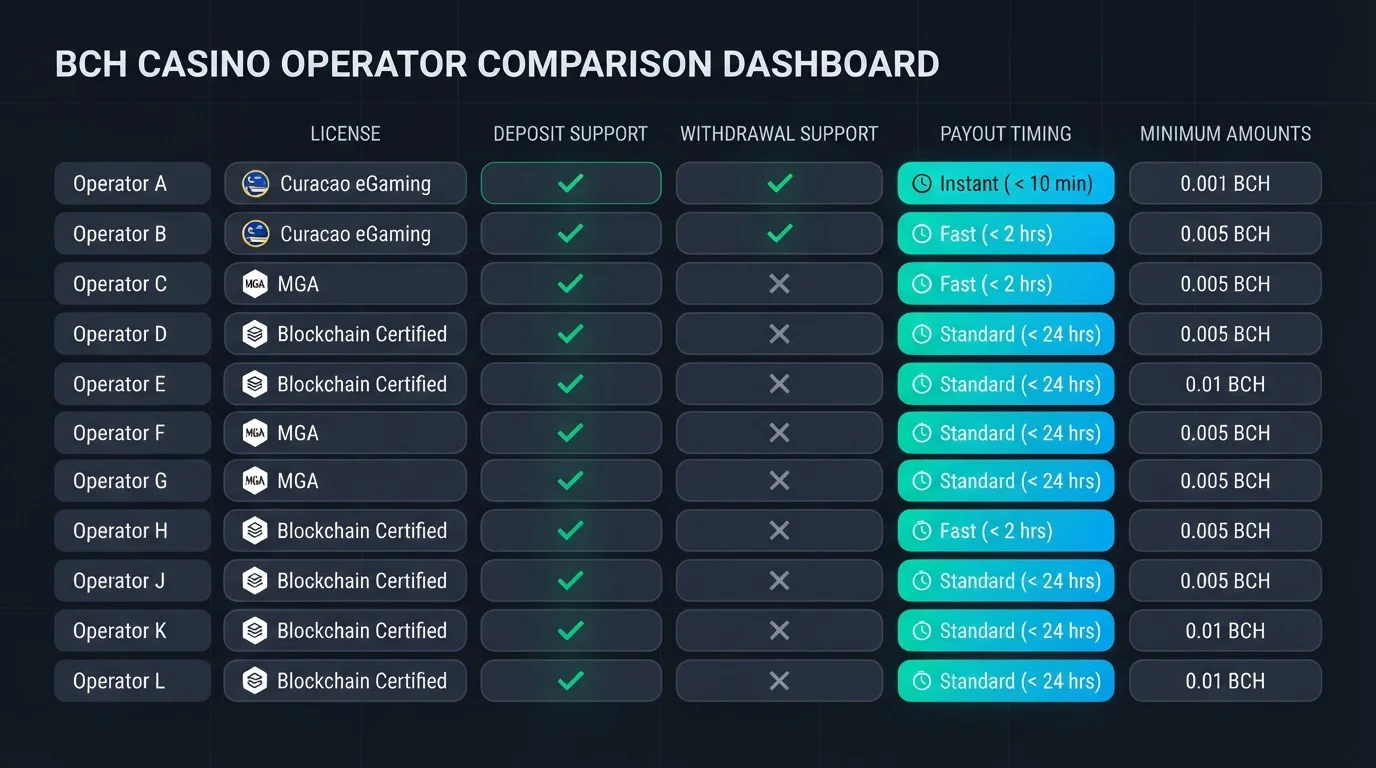 Slot and casino comparison table with highlighted payout timing and fee differences for BCH casino operators