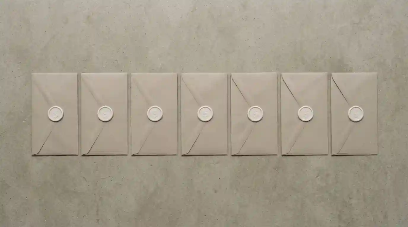 Seven plain sealed envelopes in a row, each with a small abstract dollar-motif token
