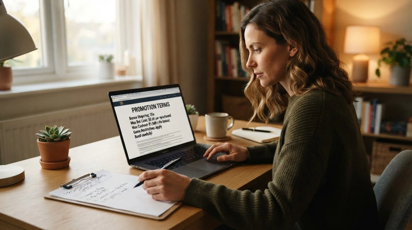Player reviewing bonus terms highlighting wagering and withdrawal limits on screen